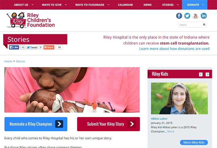 Riley Children's Foundation Stories page with button to "Submit Your Riley Story"
