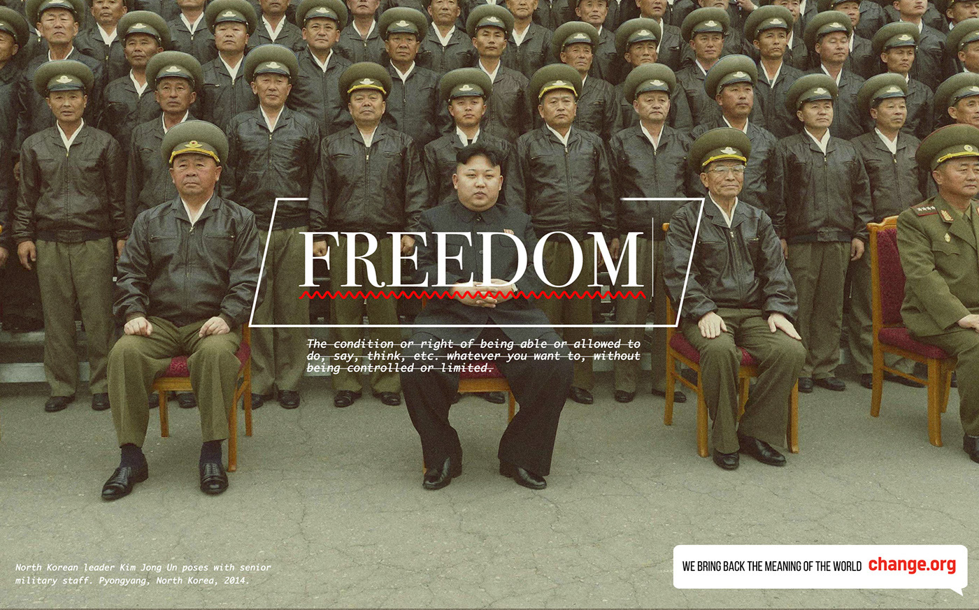 Clever and intriguing graphic design juxtaposing the North Korean regime and “Freedom” undefined by Italo Fierro for change.org (@Change)