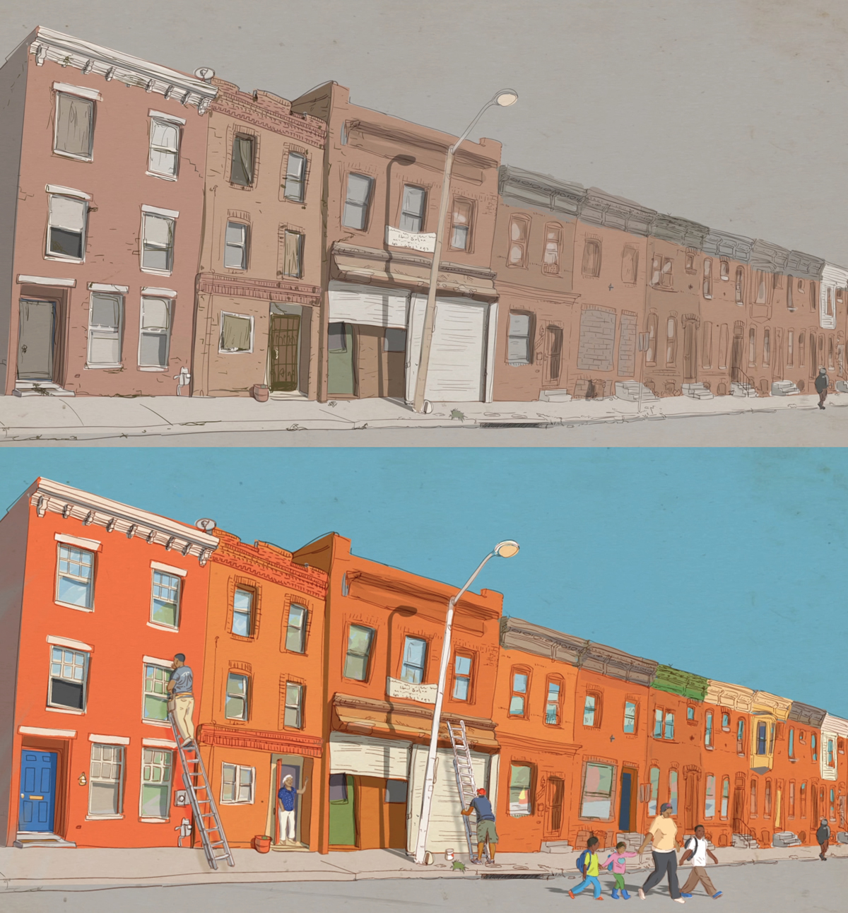 Before & after illustrations of neighborhoods transformed by Cecily Anderson of Anagram for Healthy Rowhouse Project by Barra Foundation (@BarraFdn)