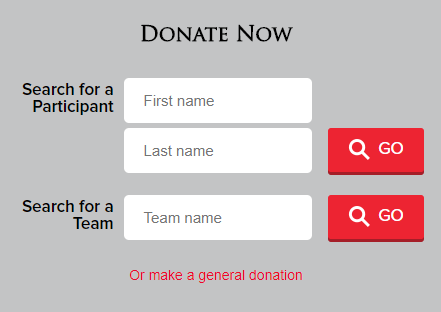 Donate Now section of Red Kettle Reason site with searches for Participant or Team + link to make a general donation