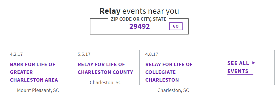 Relay Events Near You listing from Relay for Life website