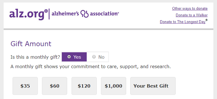 Alzheimer's Association donation form with option to donate monthly