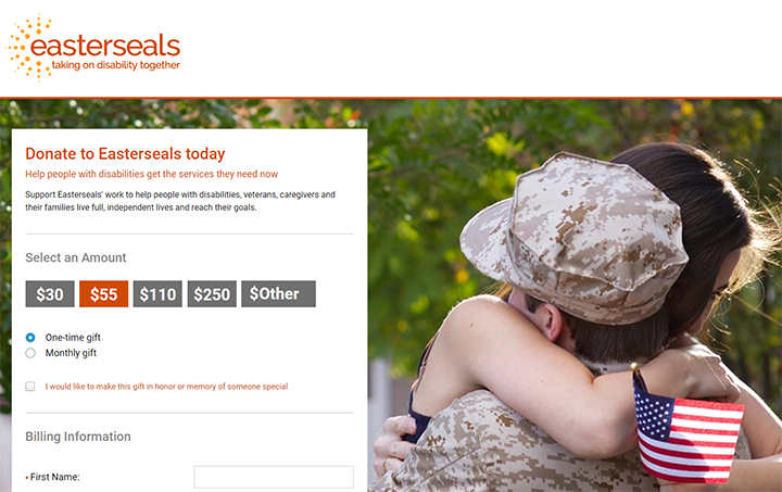 Easter Seals donation form with image background